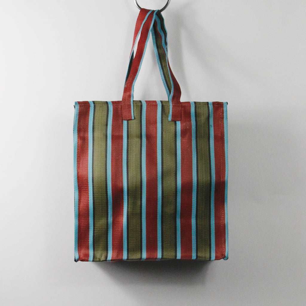 Isle of Tigers Recycled Nylon Striped Market Bag in Khaki Crimson Sky Blue