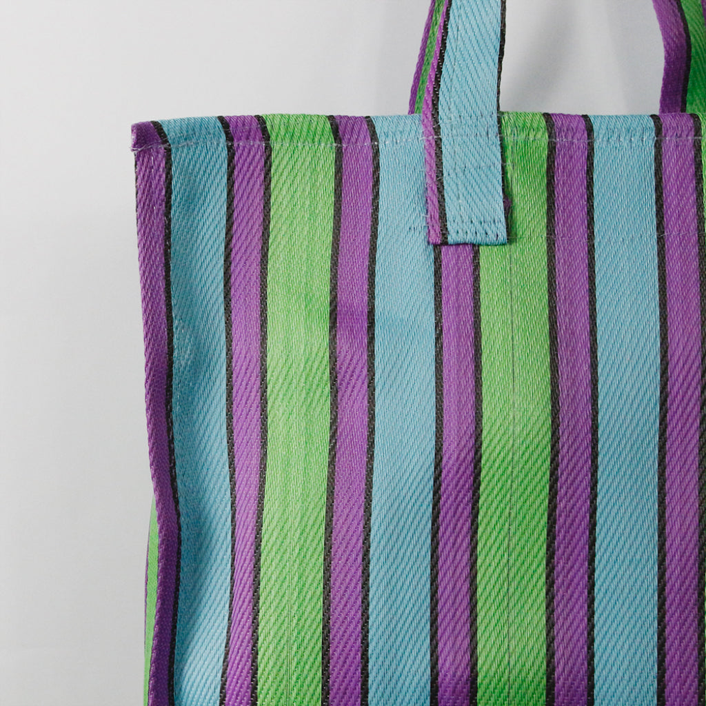 Isle of Tigers Recycled Nylon Striped Market Tote Bag in Lime Sky Blue Violet