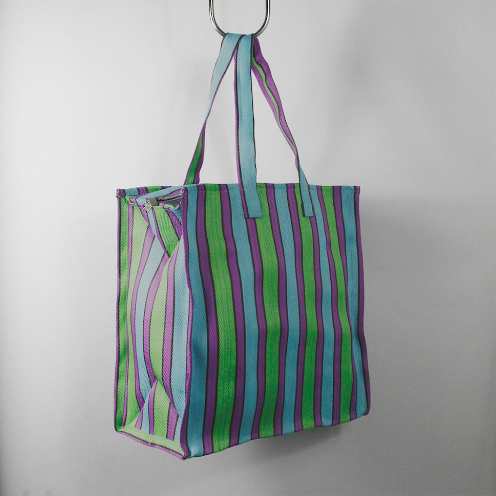 Isle of Tigers Recycled Nylon Striped Market Tote Bag in Lime Sky Blue Violet