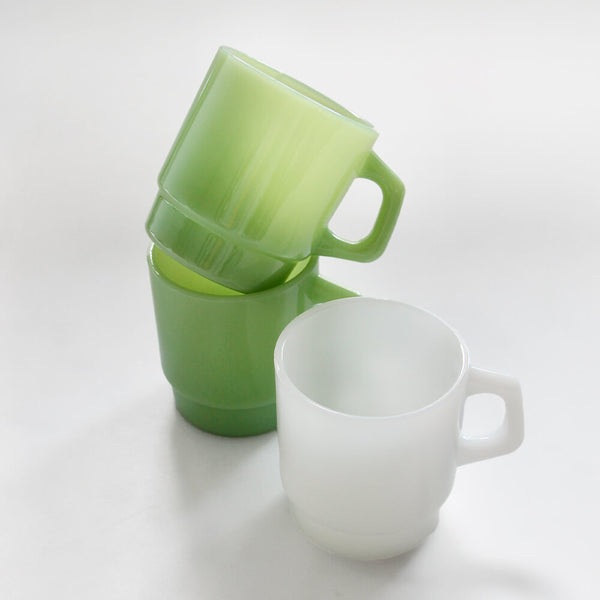 Milk Glass Mugs in White and Green 