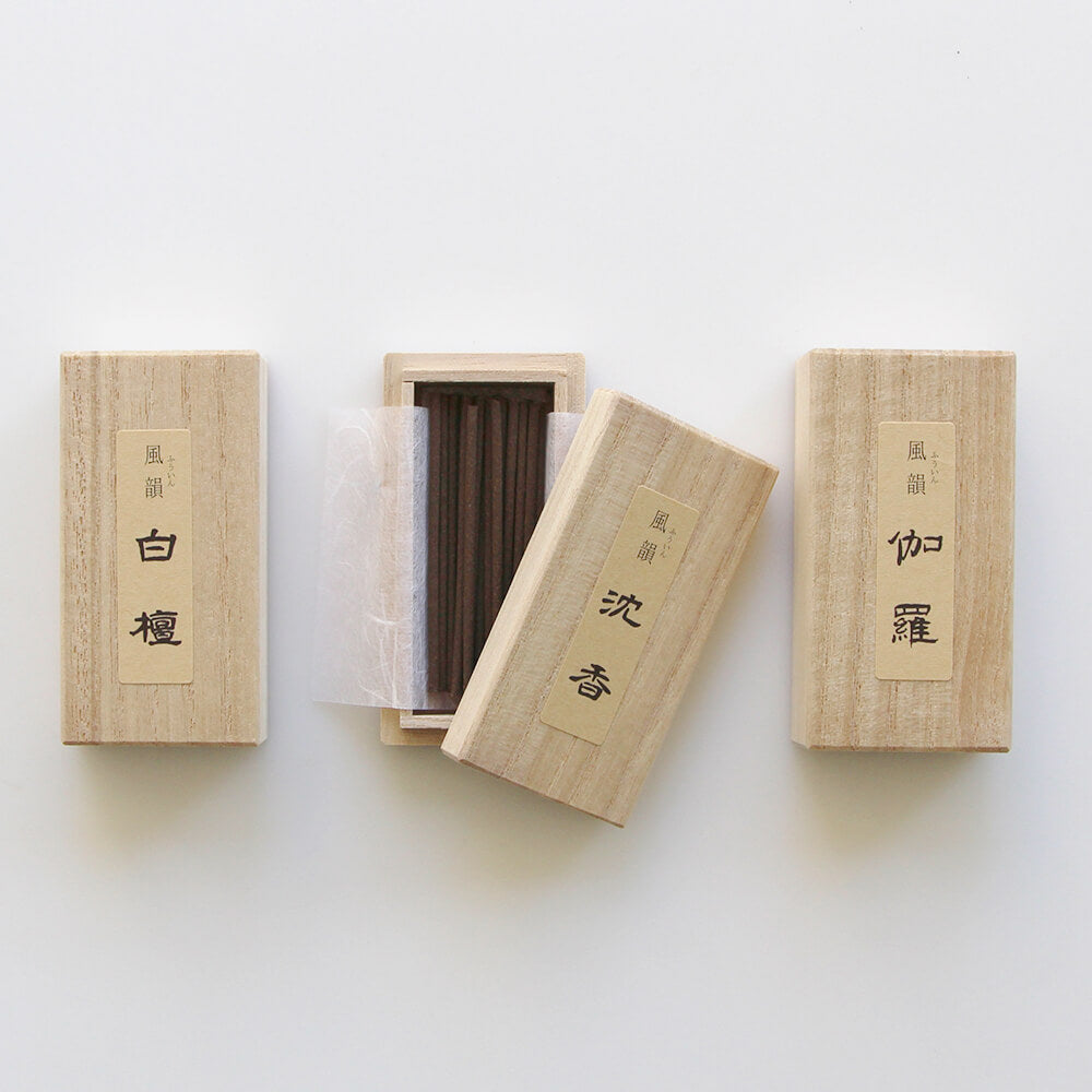 Minorien Fu-in Series Incense Discovery Set - Byakudan, Jinko, Kyara in Paulownia Wood Box. Gift Series