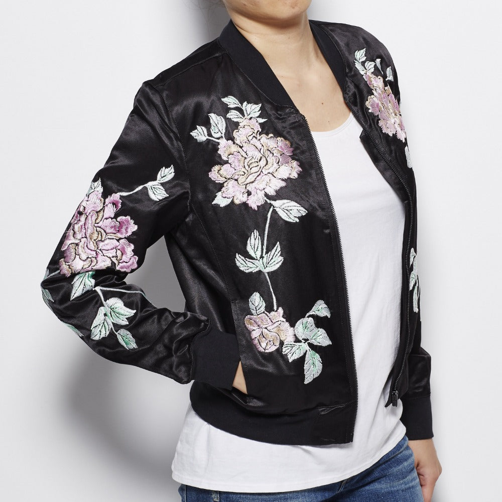 3x1 Satin Bomber Jacket with Floral Embroidery