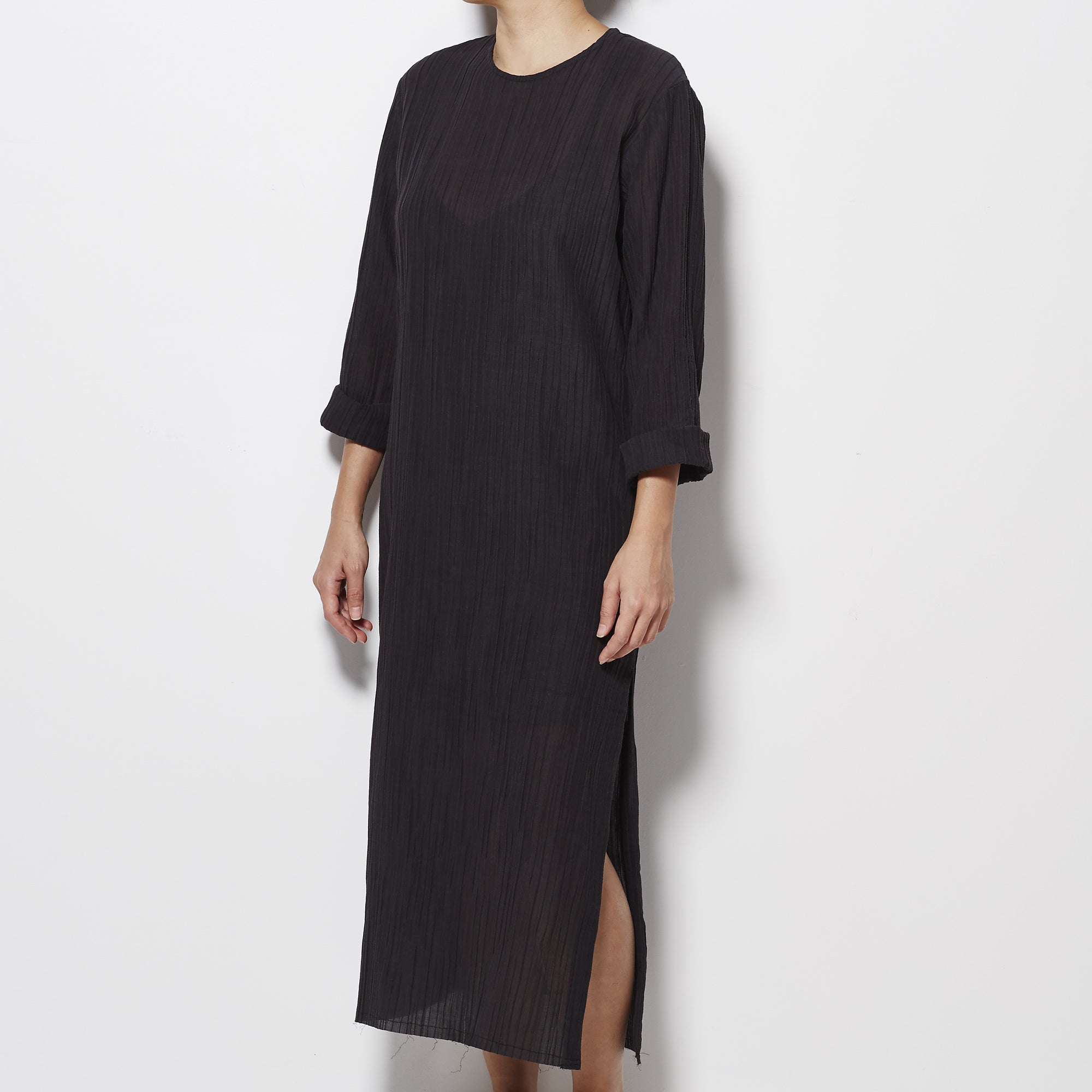Matin - Pleated Side Split Dress with Slip - Black