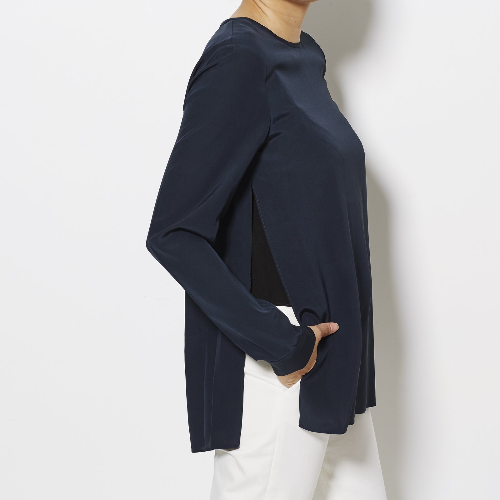 Tibi Silk Crepe de Chine CDC Long Sleeve Layered Top - Navy