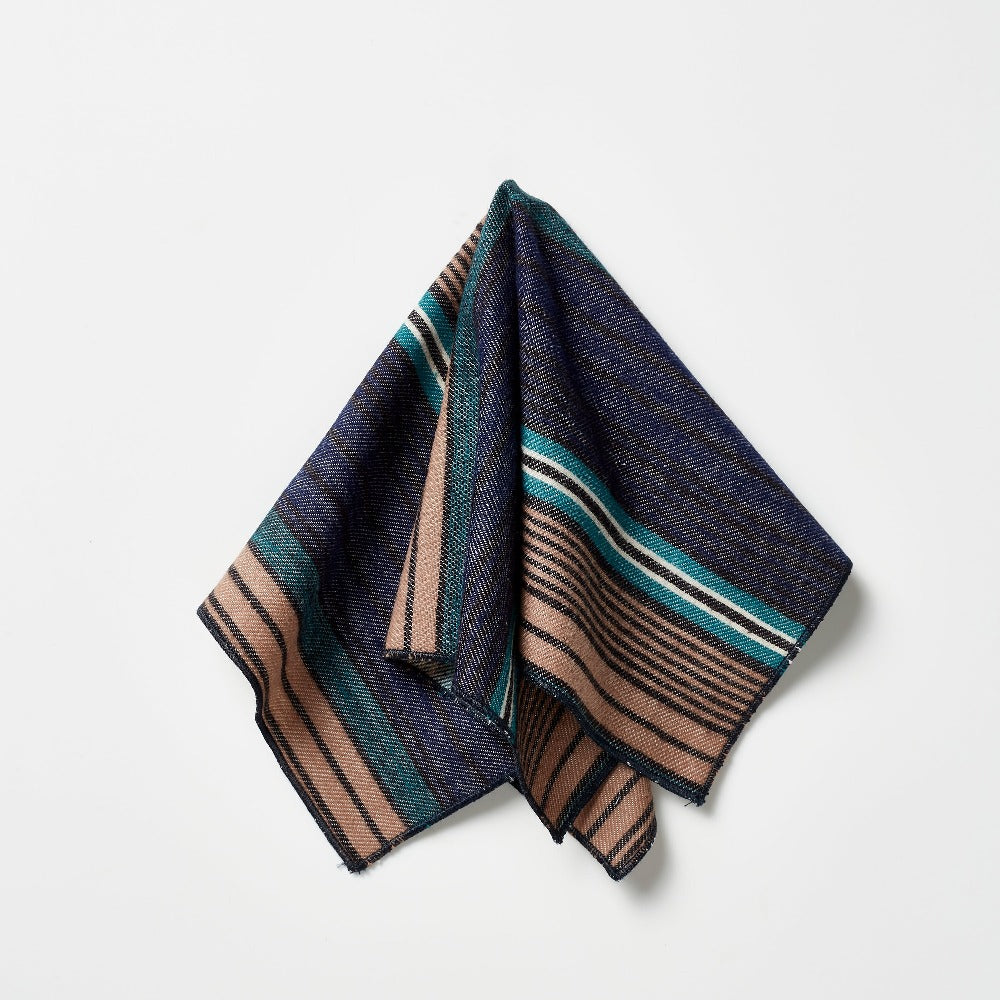 素材口袋方巾 - 海军蓝/绿色/棕褐色条纹