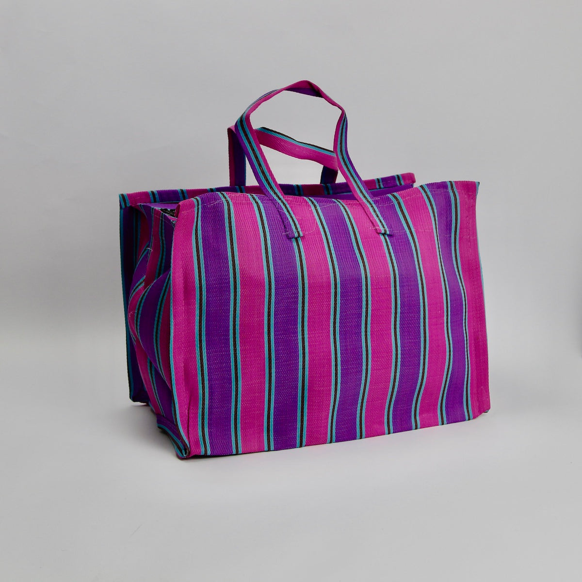 Size 4 Striped Market Bag with Long Handles - Violet/Hot Pink/Baby Blue/Chocolate