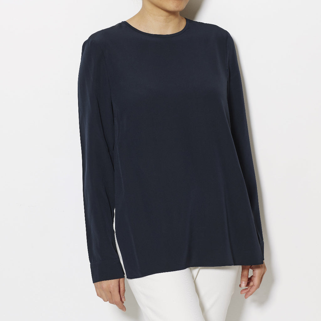 Tibi Silk Crepe de Chine CDC Long Sleeve Layered Top - Navy