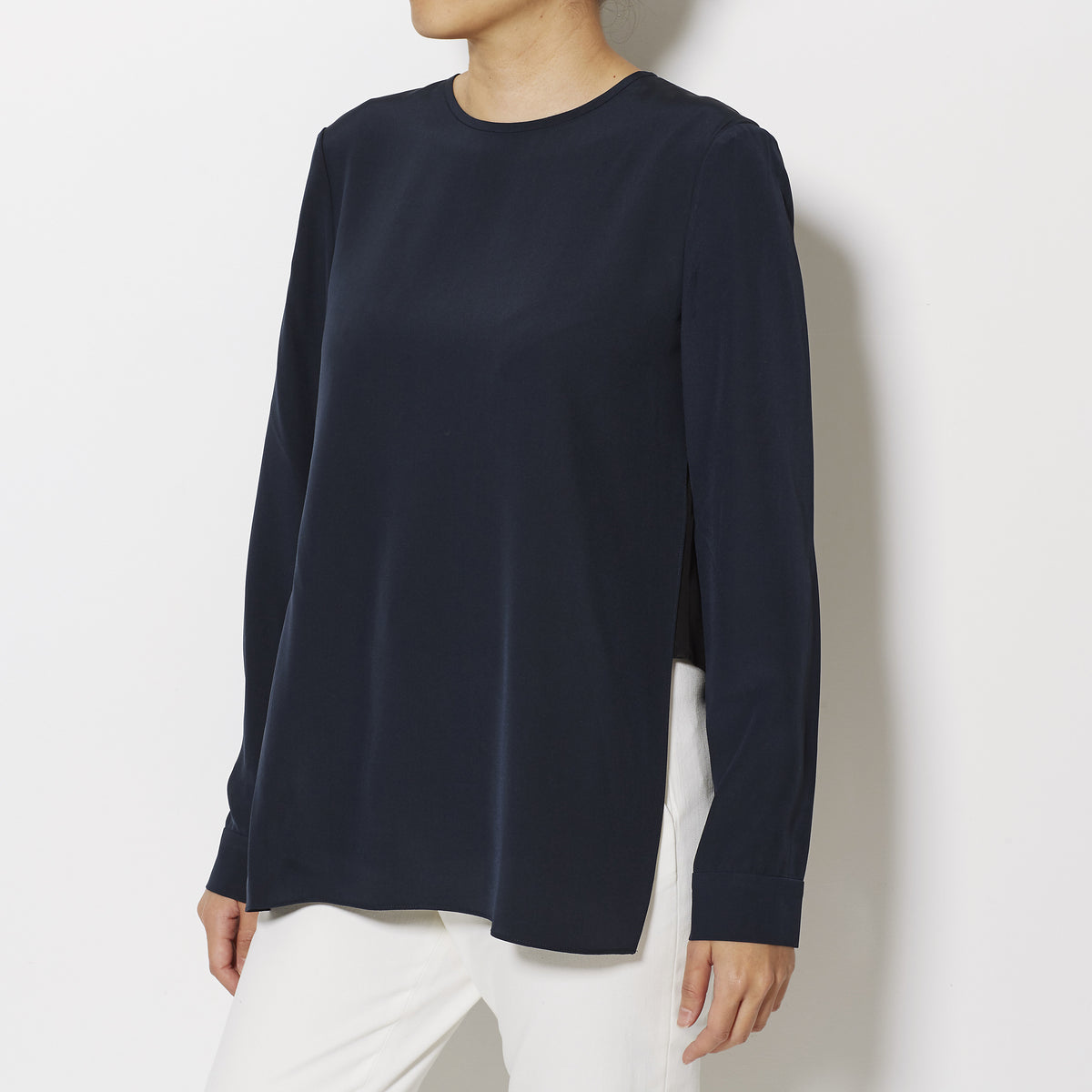 Tibi Silk Crepe de Chine CDC Long Sleeve Layered Top - Navy