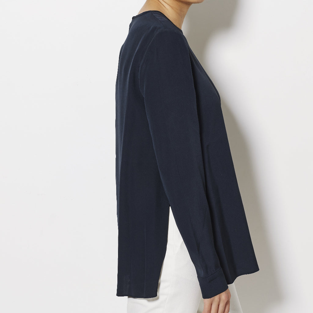 Tibi Silk Crepe de Chine Long Sleeve Top Navy