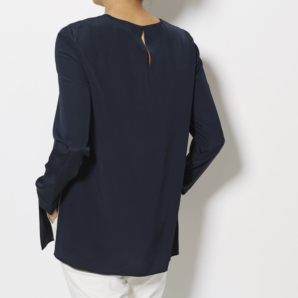 Tibi Silk Crepe de Chine CDC Long Sleeve Layered Top - Navy