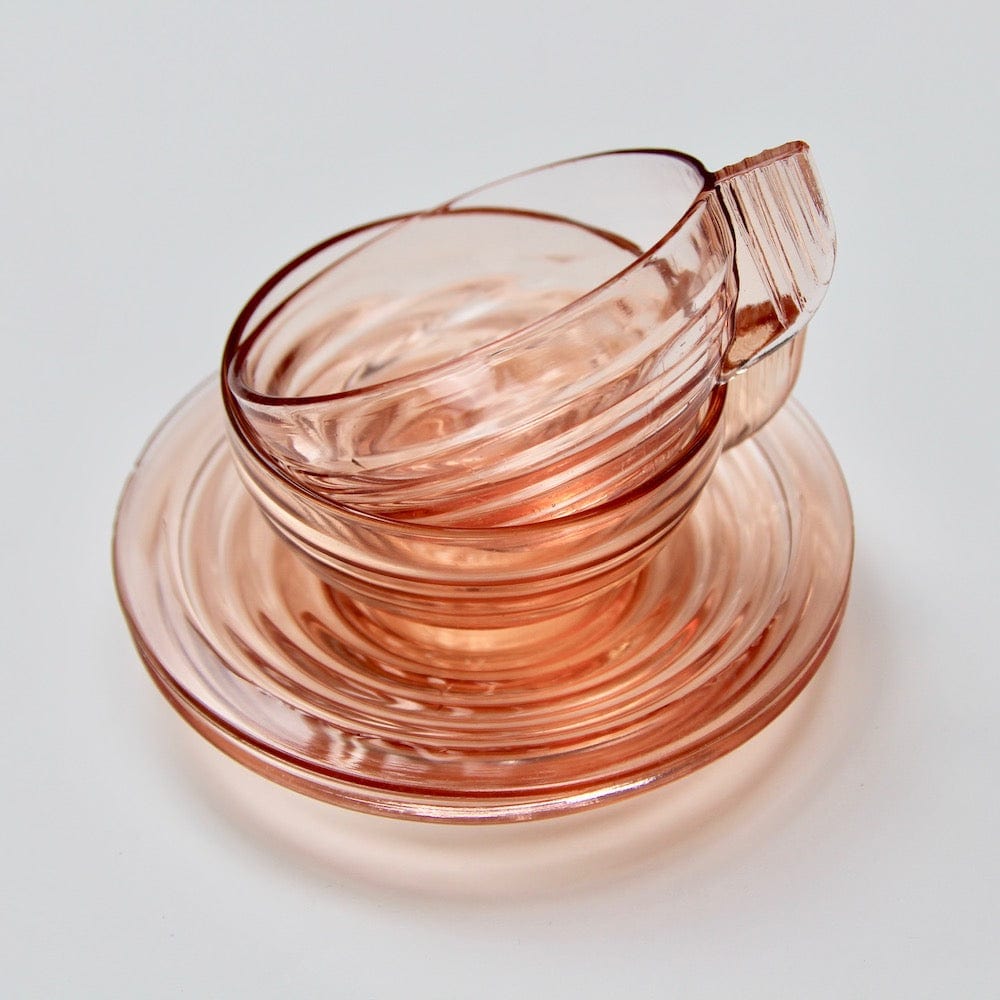 Vintage Art Deco Coffee Cup &amp; Saucer in Rosaline Glass