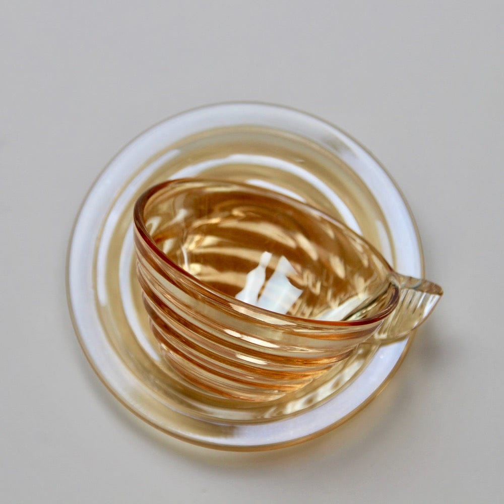 Vintage Art Deco Espresso Cup &amp; Saucer in Iridescent Amber Glass