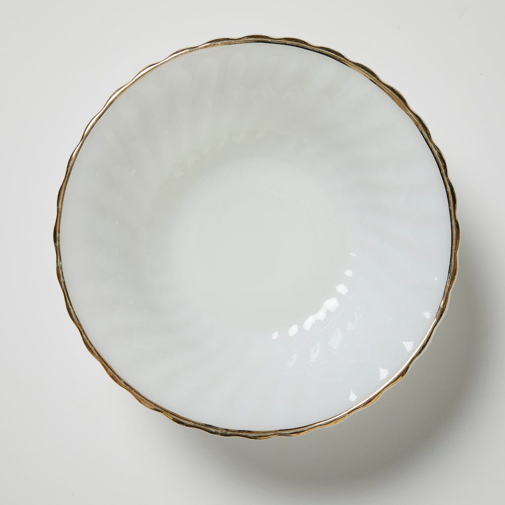 Vintage Rippled Milk Glass Bowl with Gold Gilt - Medium