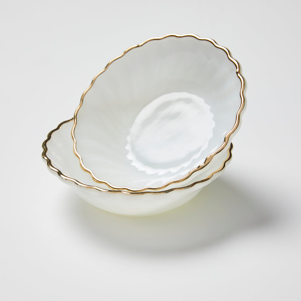 Vintage Rippled Milk Glass Bowl with Gold Gilt - Small