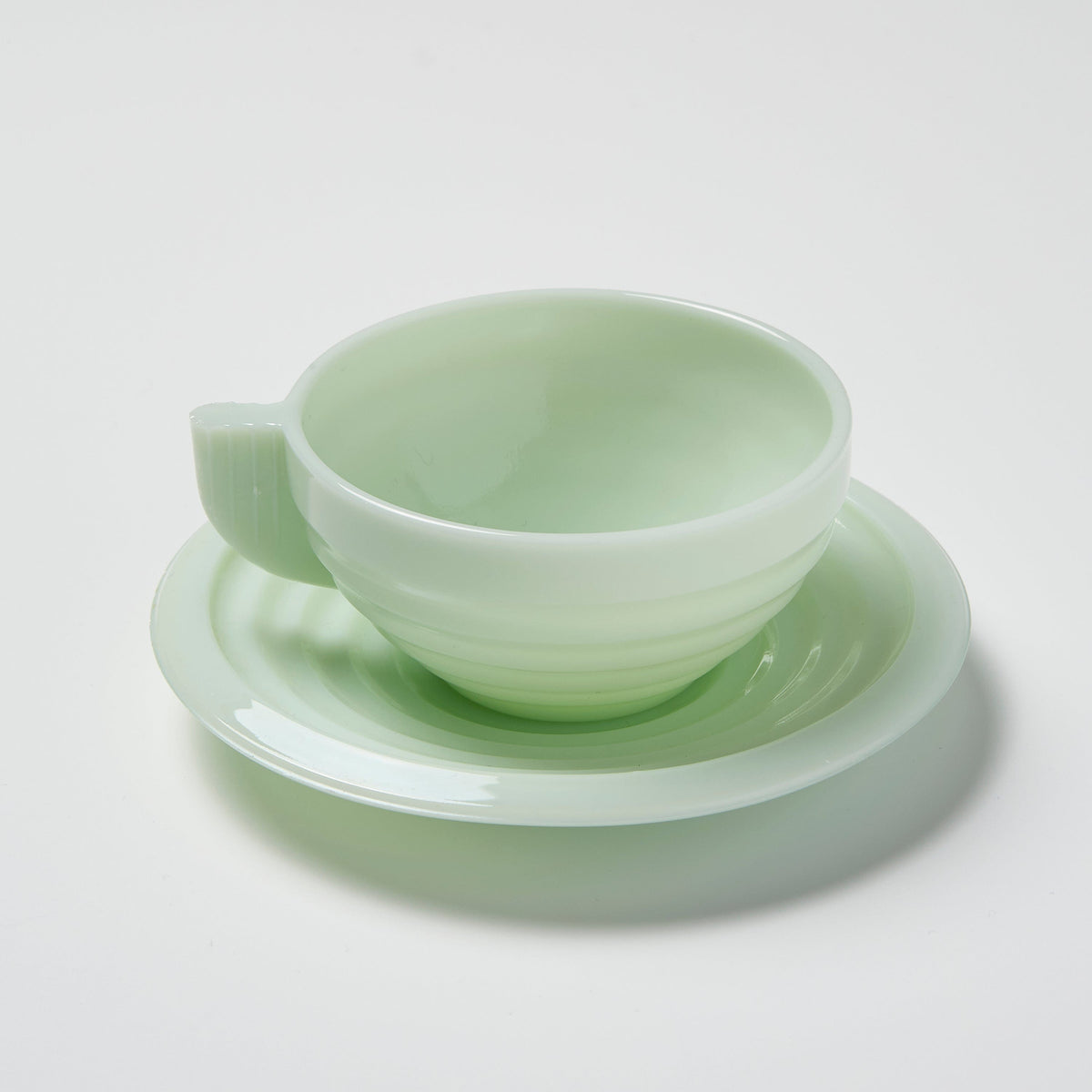 Vintage Art Deco Coffee Cup &amp; Saucer in Green Milk Glass